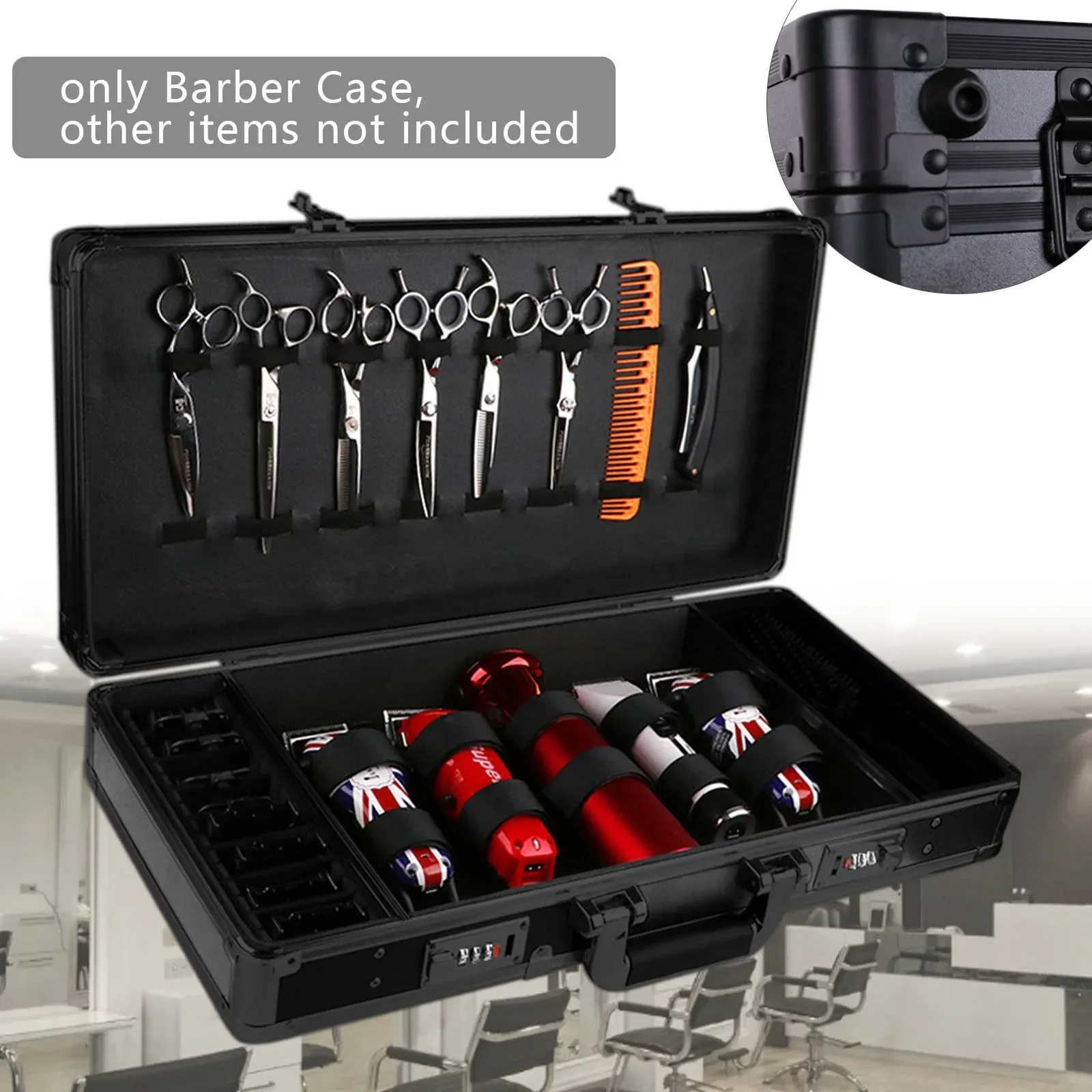 Reise-Stylist, Friseur-Werkzeugkasten, Organizer-Box, Clipper, Trimmer, Scherklinge, kompakter Friseurkoffer mit Aluminiumrahmen – Detail 5
