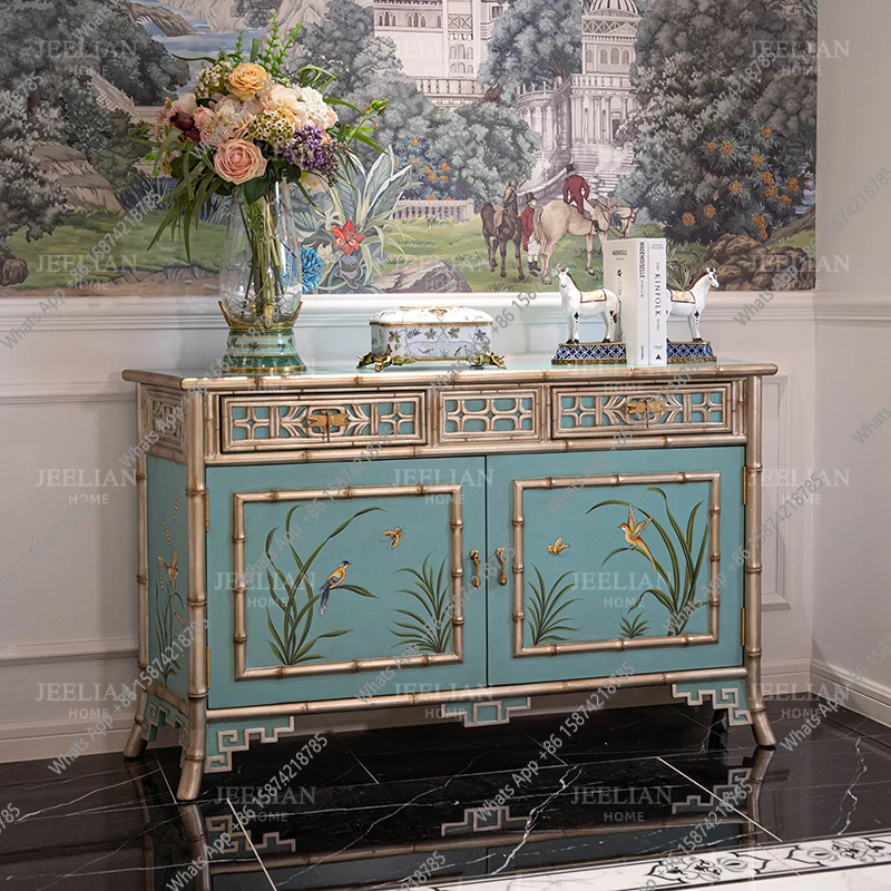 

Французский ретро-голубой ручная роспись цветов и птиц, двойная дверь, сундук на крыльце, американский сельский обеденный боковой шкаф из цельного дерева