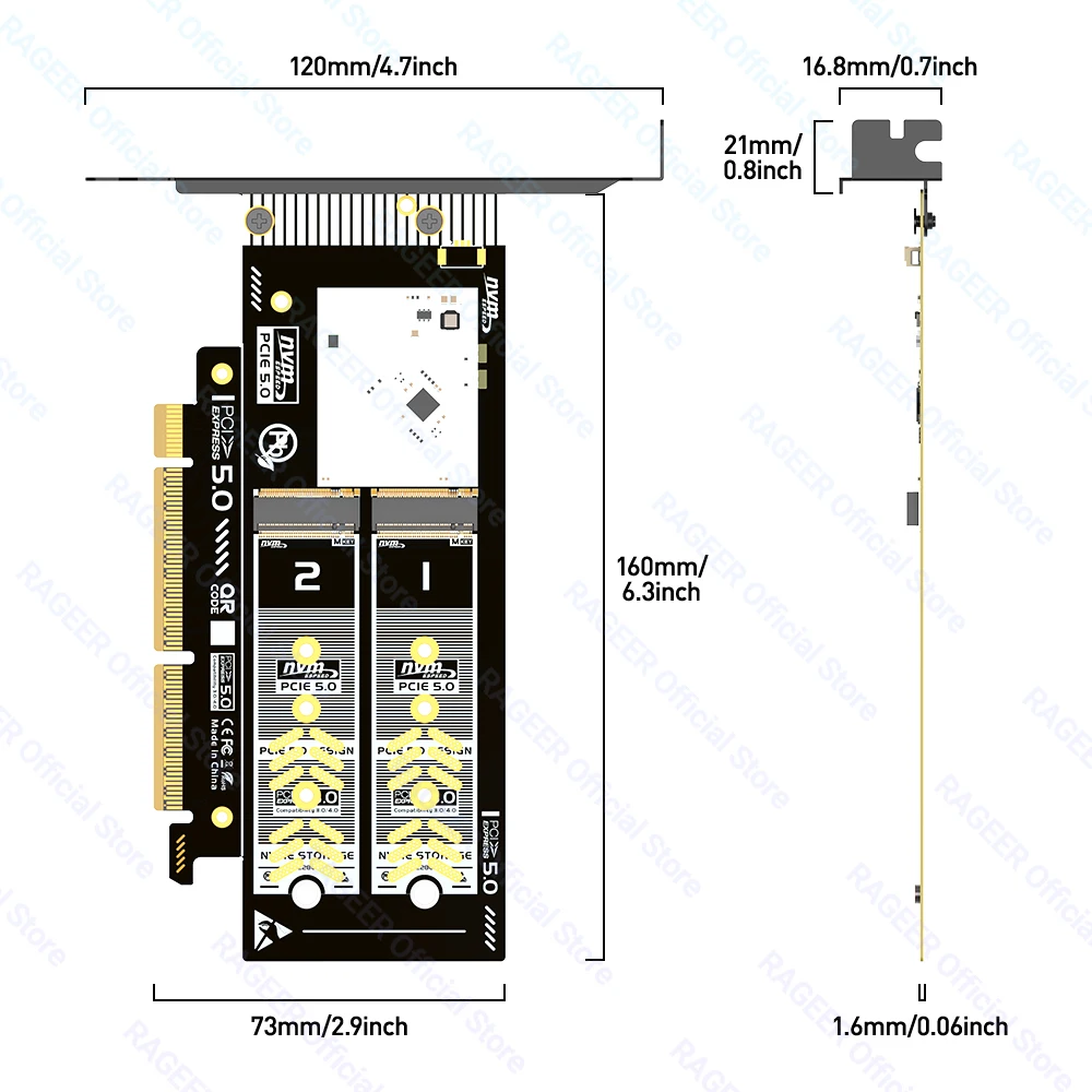 RAGEER PCIe 5.0 إلى Dual M.2 NVMe X16/X8 محول تمديد بطاقة الناهض 256Gbps فتحة للبطاقات لـ 2280/60/42/30 SSDs دعم RAID الناعم