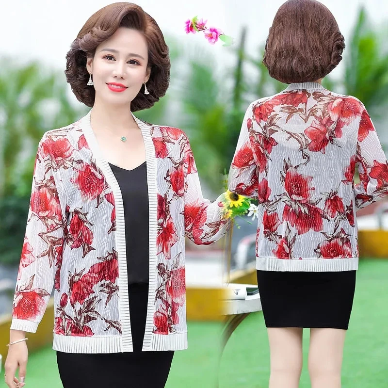 Summer Ladies Printing Sun Protection Clothing Cardigan Thin Coat Loose Long Sleeves Breathable Mesh Female Short Jacket 5XL