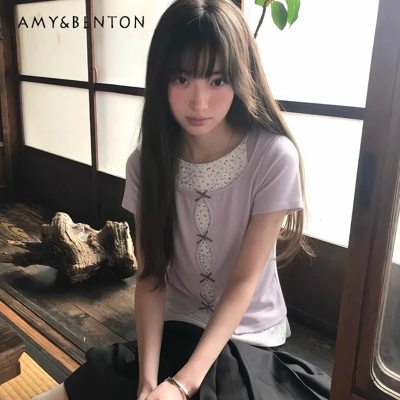 

Корейский дизайн, фиолетовая женская футболка с коротким рукавом, имитация двухслойности, лето 2026, новая коллекция, милая, с бантом, приталенная, тонкая, с цветочным принтом, для женщин