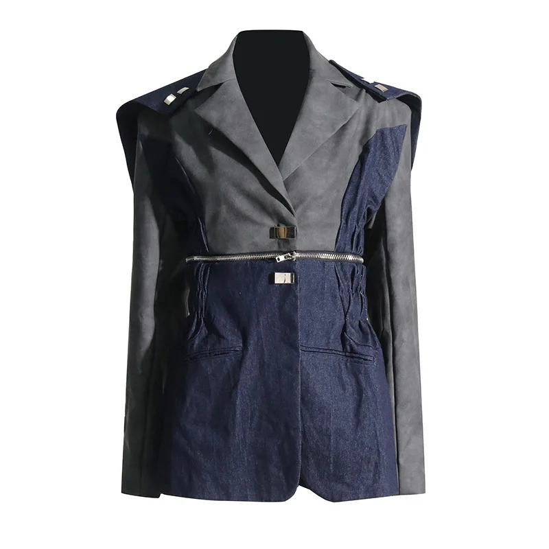 

Джинсовая лоскутная куртка, уличная женская зимняя куртка на молнии со съемным дизайном, пиджак с длинными рукавами, повседневное пальто, верхняя одежда 2026