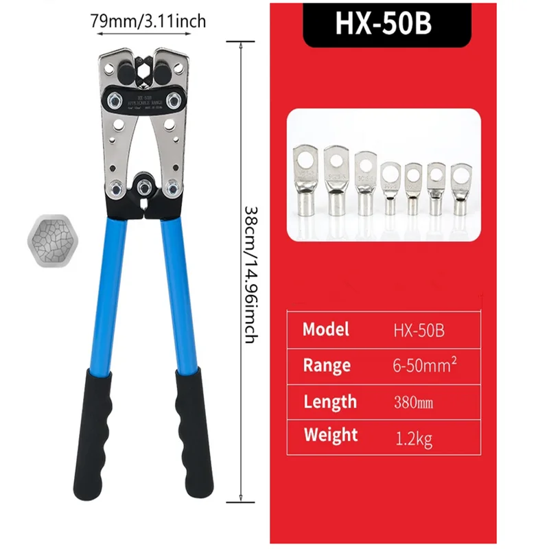 HX-50B alicate de friso 6-50mm awg 1-10 gato anel de cobre automático cabo desencapado terminais de bateria talão ferramenta de friso alicate terminal de cabo