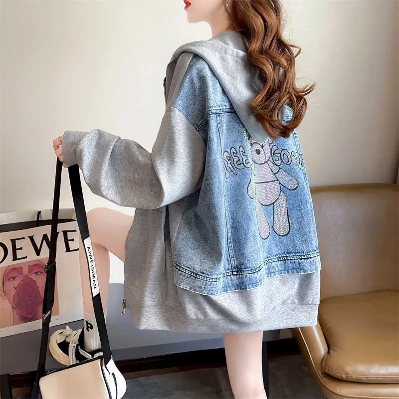 Womens Hoodies Hot Diamond Denim Patchwork Hooded Jacket Spring Fall Trend Thin Zip Up Cardigan Hoodie Cartoon Coat Y2k Clothes