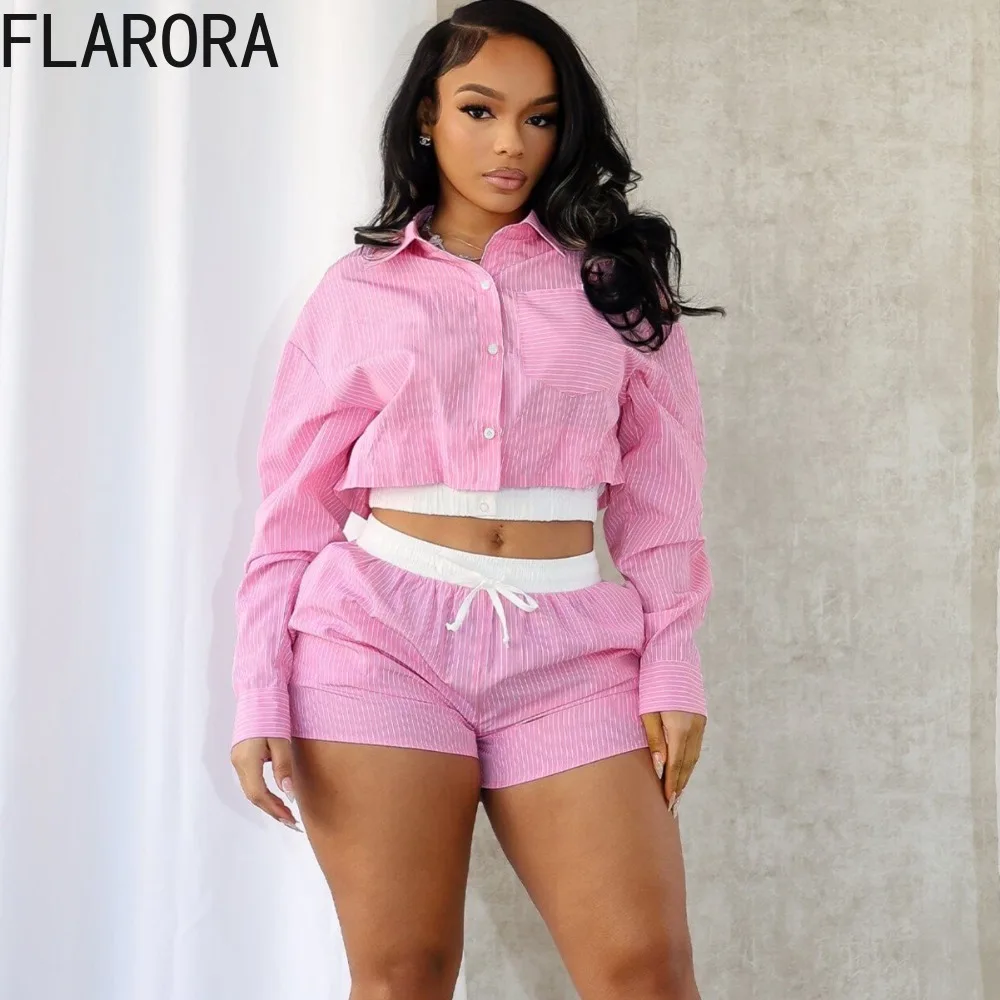 

FLARORA Fashion Stripe Print 2 Pcs Sets Woman Lapel Single-Breasted Long Sleeve Shirts And Drawstring Shorts Street Tracksuits