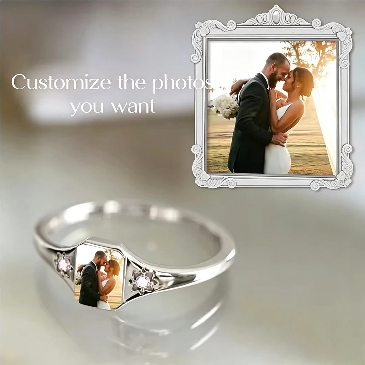 Custom Photo Ring Personalized Birthstone Promise Ring Engraved Picture Ring Anniversary Birthday Wedding Jewelry Gift for Wife