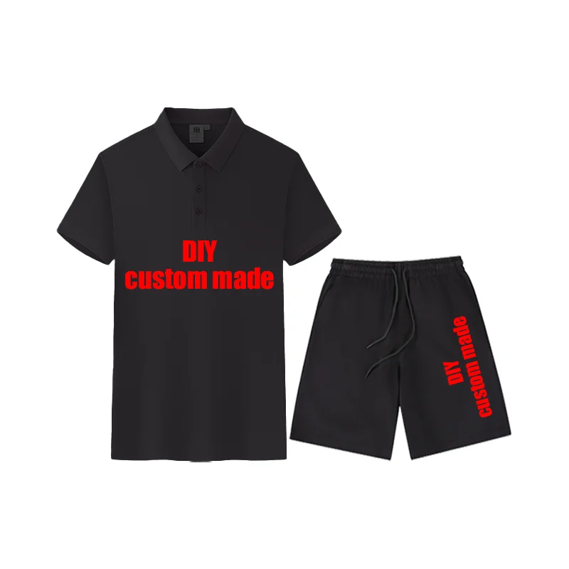 Men's Casual Summer Polo Shirt Shorts Set Customizable DIY Personalized T-Shirt with Lapel Knitted Fabric Commuter Sports Suit