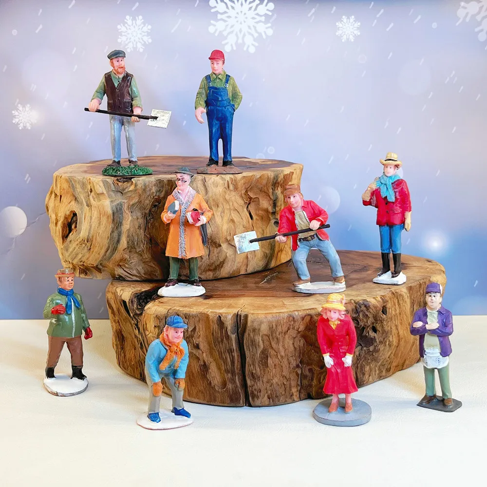 Christmas Village Mini Resin Figurines Winter Town People Snow Shovel Worker Micro Scene Decor