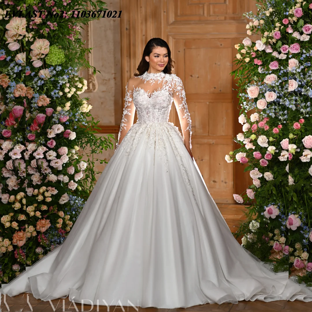 EVLAST Personalizzato Vintage Una Linea Collo Alto Abito Da Sposa In Pizzo Applique In Rilievo Vestido De Novia Abito Da Sposa Robe De Mariee AD03