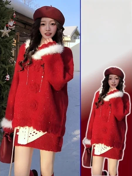 

Комплект женский: вязаный топ и юбка больших размеров, весенний, новый, винтажный, красный, с 3D цветами, для создания молодого и красивого образа, повседневный, модный