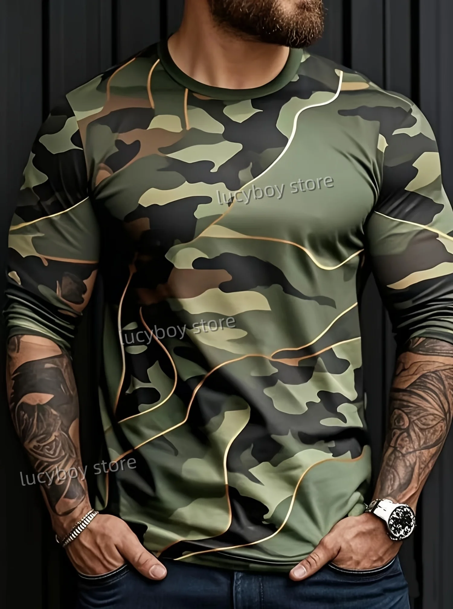 

2025 Autumn Men's Geometric Camouflage Pattern Crew Neck Long Sleeve Vintage T Shirt Men Loose Sports O-Neck Men Clothing