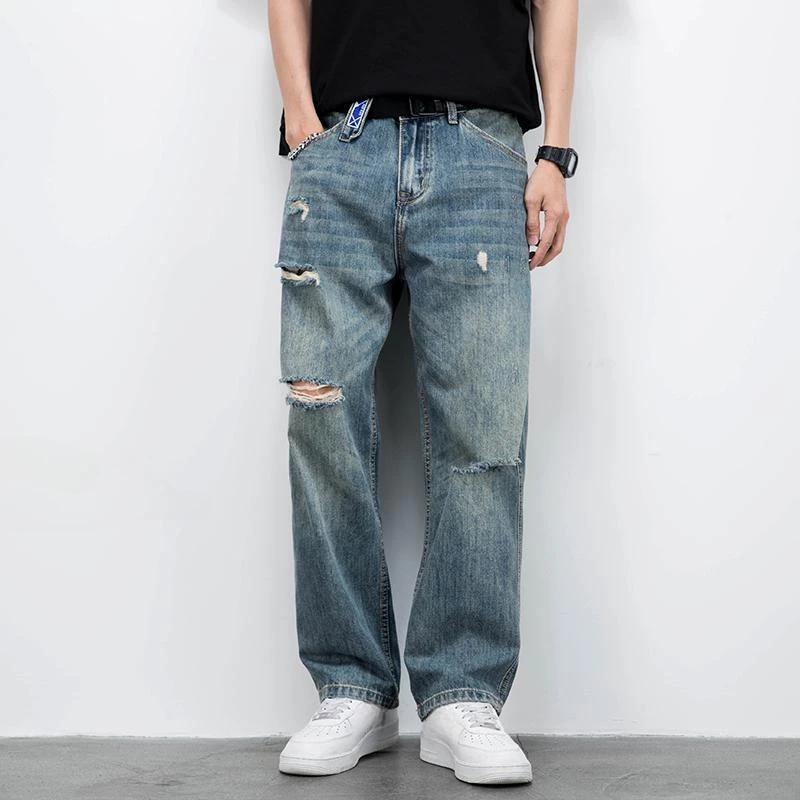 Men's Jeans Broken Straight Trousers Ripped with Holes Loose Torn Wide Leg Male Cowboy Pants Baggy 2024 Korean Autumn New in Xs