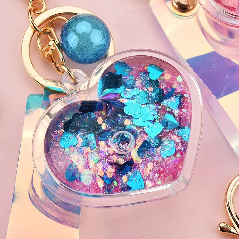 2025 New Valentine\'s Day Gift Love  Heart Key Chain Glitter Flowing Liquid Car Keyring For Women Bag Charm Lovely Cute Jewelry