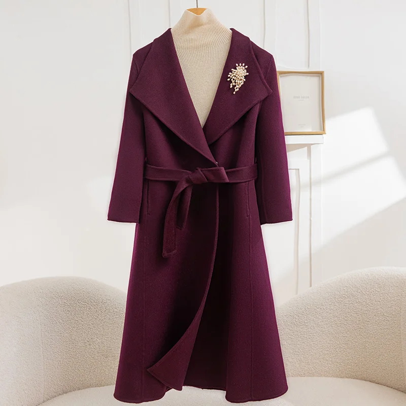 

2025 New Buckle-Free Belt Style Women's Coat 100% Pure Wool Autumn Winter Warm Long Woolen Coat Loose Versatile Trench Coat