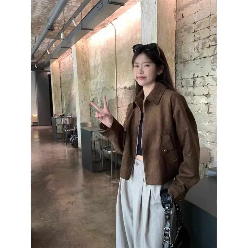 American Style Short Suede Jacket Women Spring Autumn Lazy Chic Cool Leather Jacket Biker Coat  Collar Long Sleeve