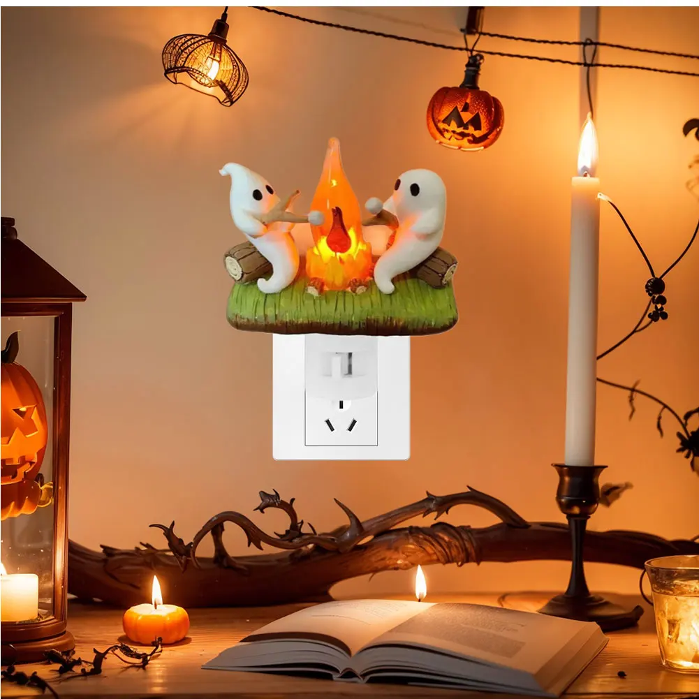 1-3PCS Halloween Decoration Ghost Campfire Flickering Nightlight 2 Ghosts Roasting Plug Wall Spooky Fire Marshmallow Night Light