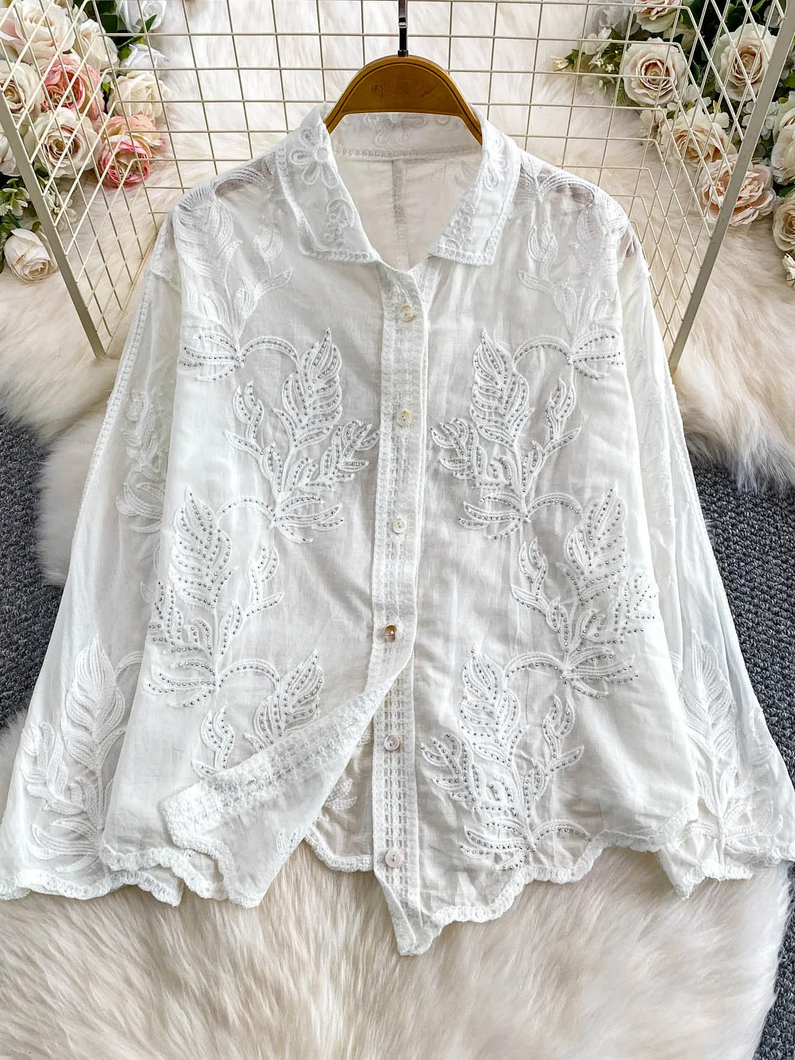 Ele renda gancho bordado pérola botão gola solta feminina irt proteção solar topo para outono inverno uso diário