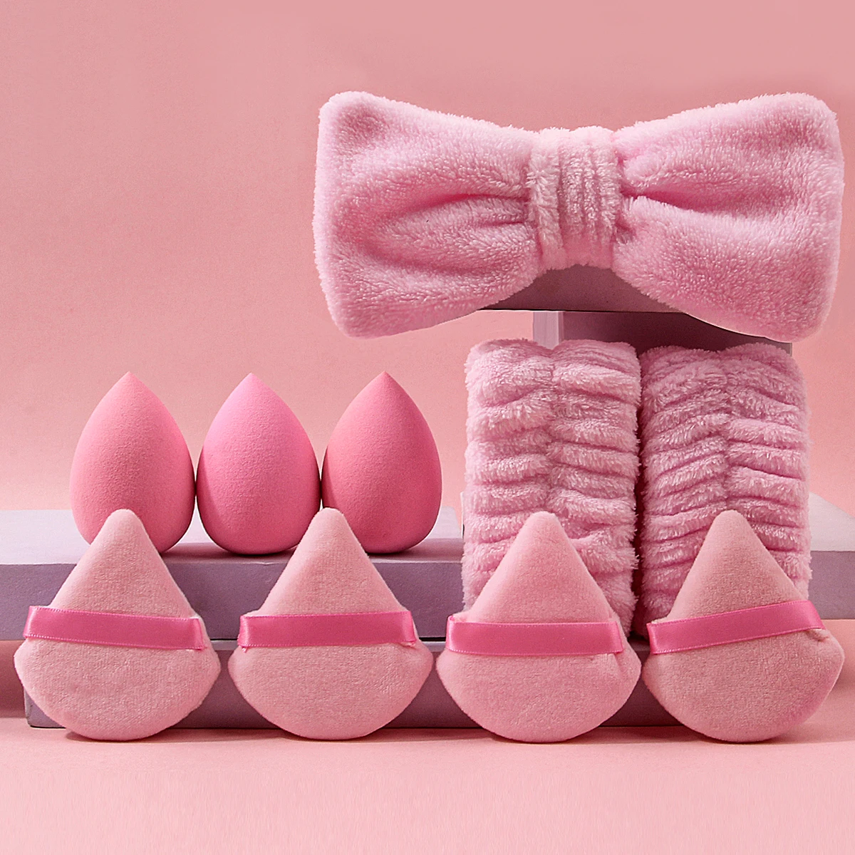 10PCS Super Soft Set Combination: Soft Hairband/Wrist Strap & Dry and Wet Dual-purpose Makeup Sponge Powder Puff Set