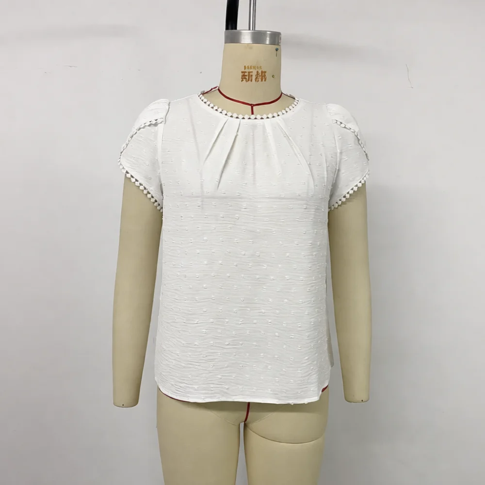 White Blouse Women Floral Jacquard Shirt Summer Sweet Petal Sleeve Ruffle Detail Elegant Fashion Loose Casual Female Top
