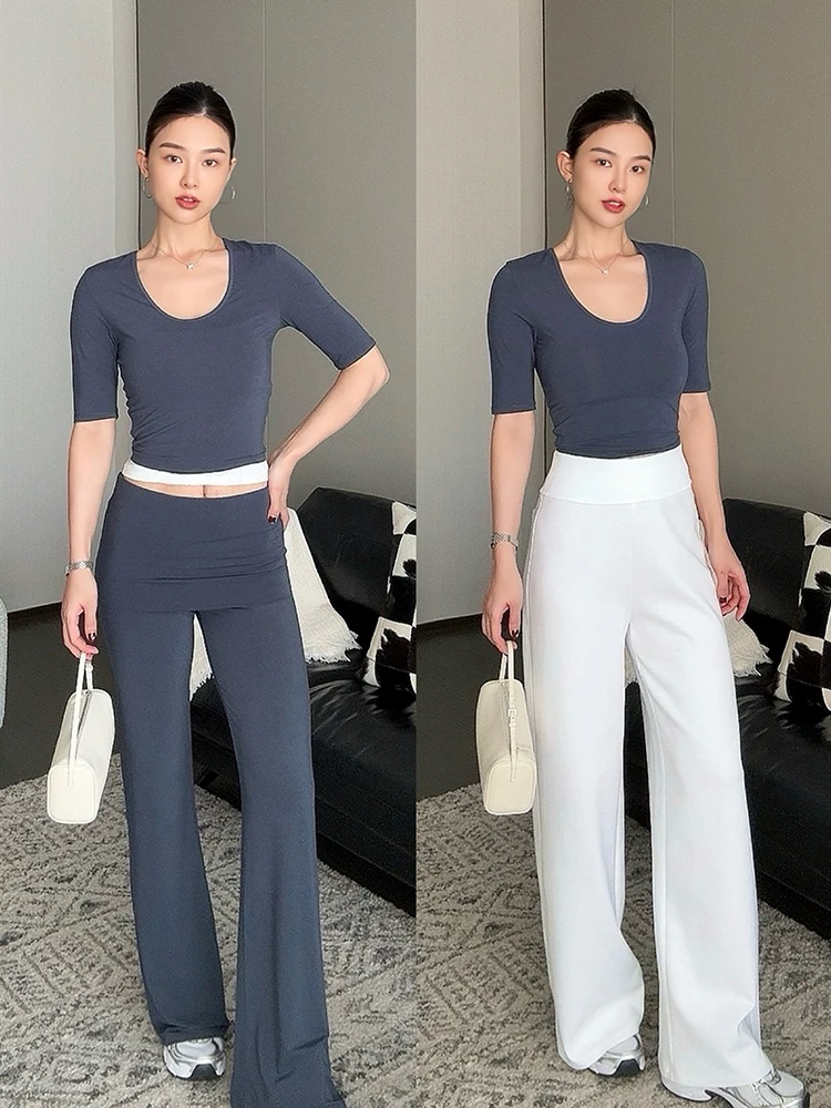 

Mod Acetate U-Ne Mid-Sve T-irt Elastic Fitn Yoga Top Front Ba Two-Way Wear Summer Casual Women's Tee