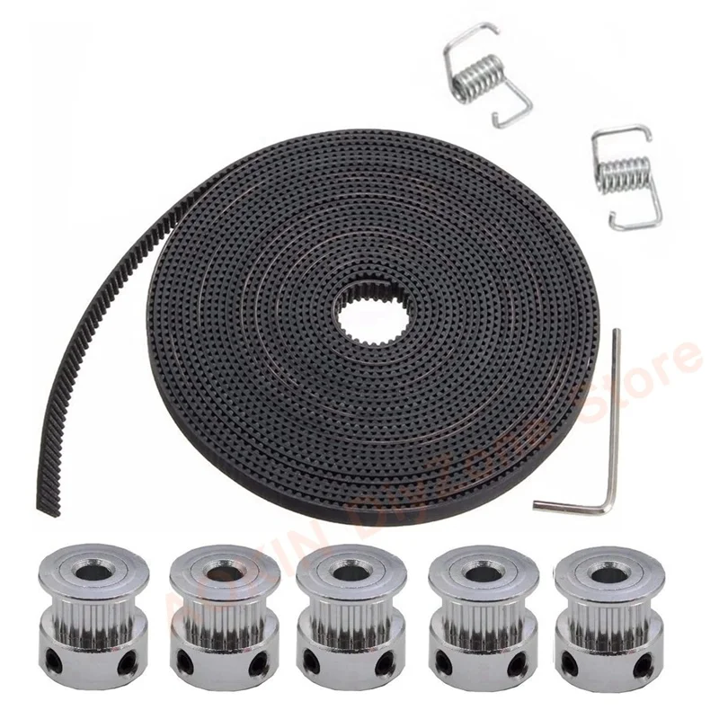 5 Meters 3D Printer Black GT2 Timing Belt 2mm Pitch 6mm Width with 5Pcs 16 Teeth 5mm Bore Pulley with 2GT Locking Spring