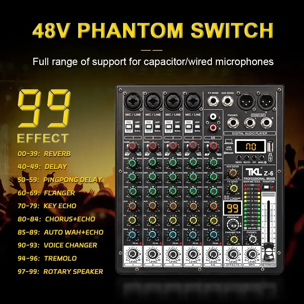 

TKLBLS Professional 6-Channel 99DSP Audio Mixer 48V Phantom Power USB Studio Karaoke Bluetooth DJ Console Mixer