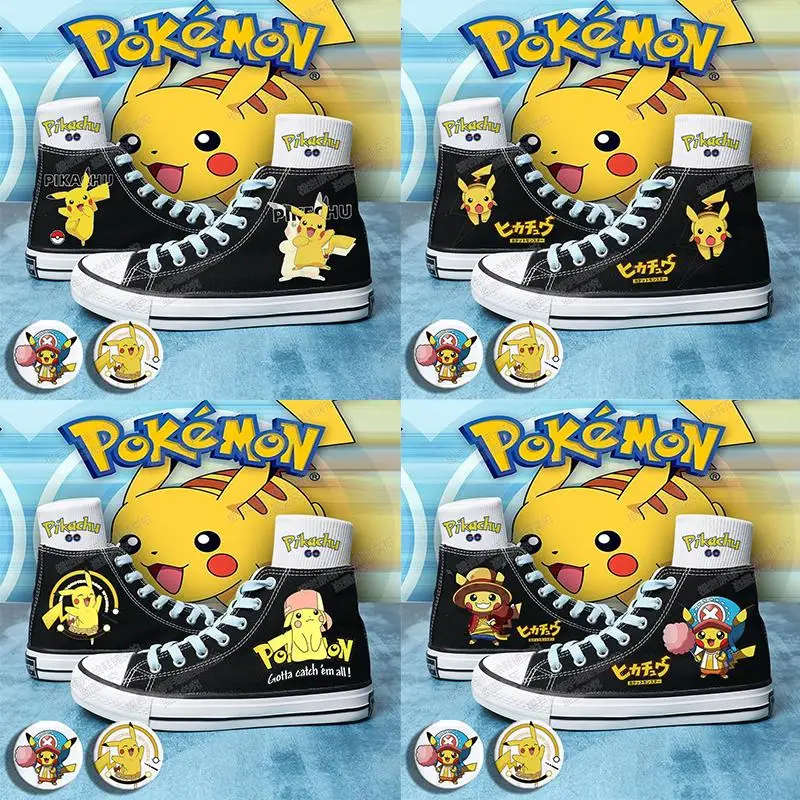 

Pokemon Pikachu Anime Canvas Shoes Boy Girl New Summer Hand-Painted Printed Flat Shoes Student Breathable High-Top Sneakers Gift