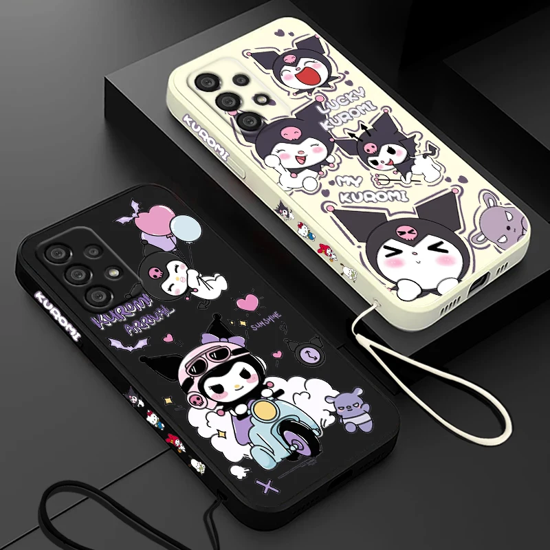 Cartoon Cute Kuromi Phone Case For Samsung A55 A53 A33 A52 A32 A71 A51 A21S A35 A25 5G Liquid Left Rope Funda