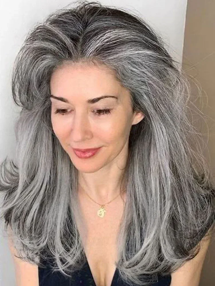 GNIMEGIL Synthetic Wig With Curtain Bangs Long Layered Wig Natural Silver Gray Wigs Women Salt and Pepper Hair Halloween Costume