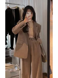 French Temperament Chic High-end Corduroy Suit Jacket for Women's Autumn New Straight Leg Pants Two-piece Set Female Clothing