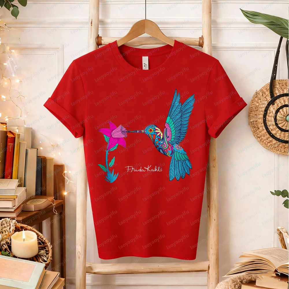 Frida Kahlo Hummingbird Floral T-Shirt Colorful Mexican Art Inspired Boho Cotton Tee Gift for Art Lovers gothic women clothes view 5