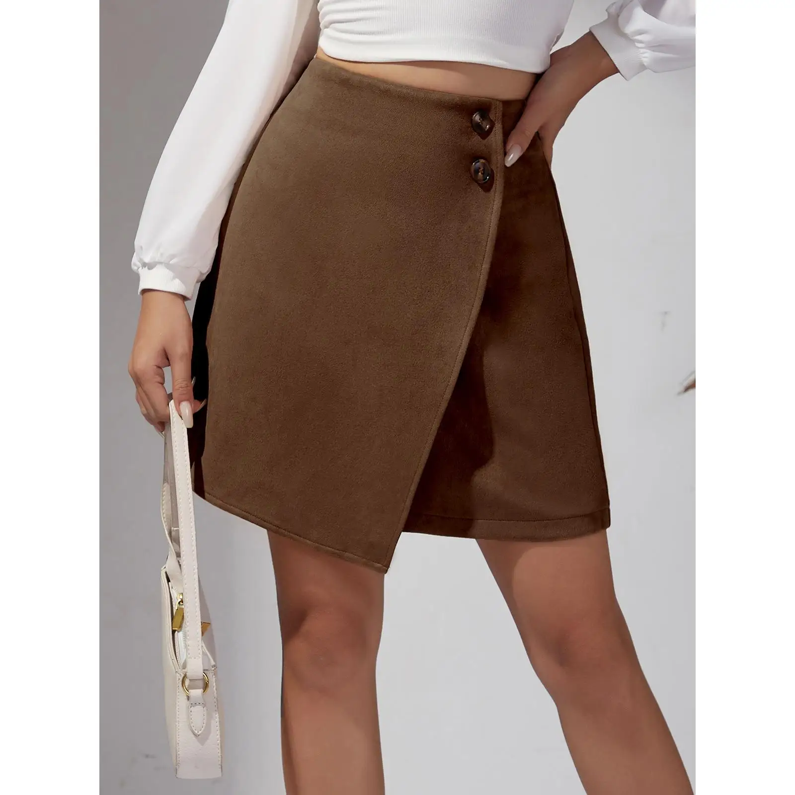 High Waist Suede  Skirt Asymmetrical Design Women's Autumn Winter Fashion Short Skirt Zipper Button Detailing Ladies Skirt