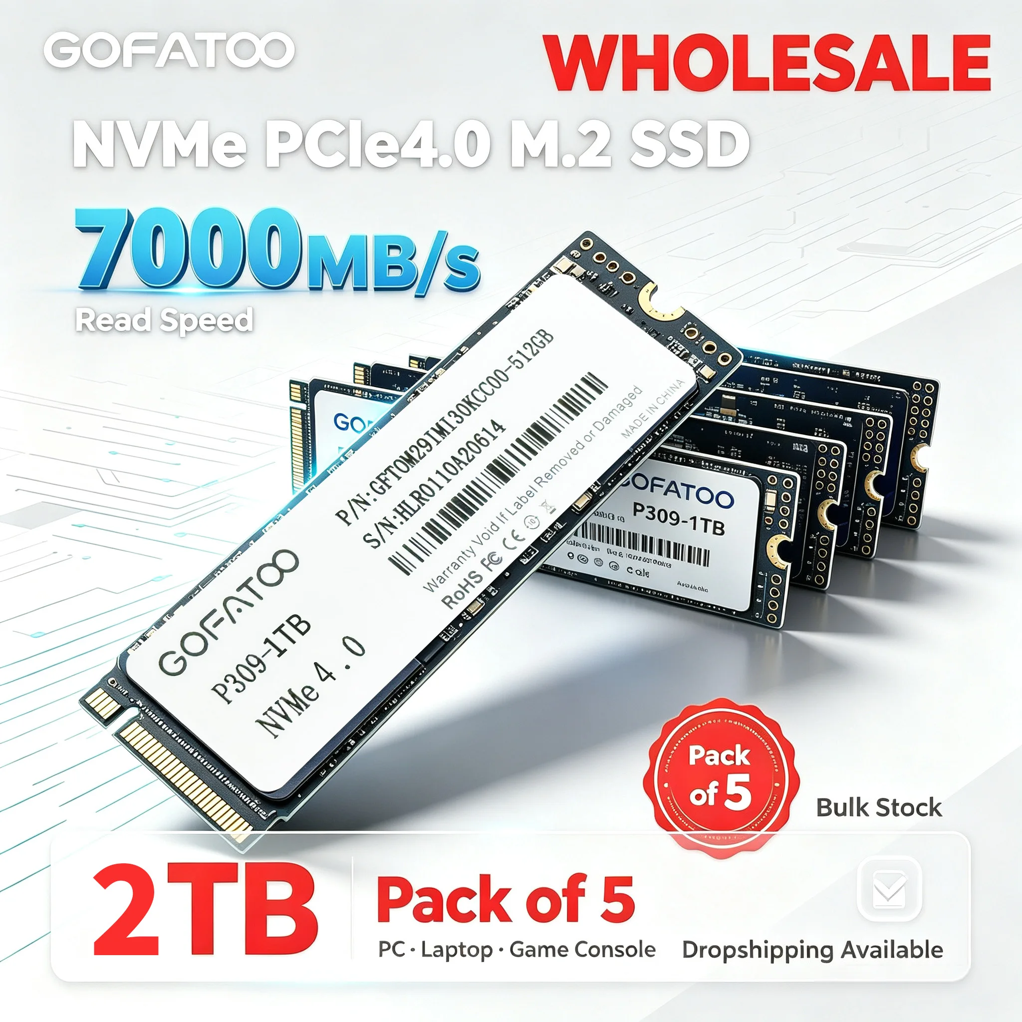 GOFATOO PCIe4.0 M.2 2280 NVMe SSD 7000MB/s,5 Pack 2TB for PC Laptop,Dropshipping Supported