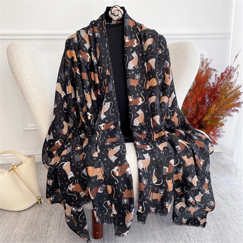 

Women Cotton Linen Scarf Shawls Muslim Hijab Long Headscarf Scarves Head Wraps Cat Pattern Scarves Female Headband Scarves