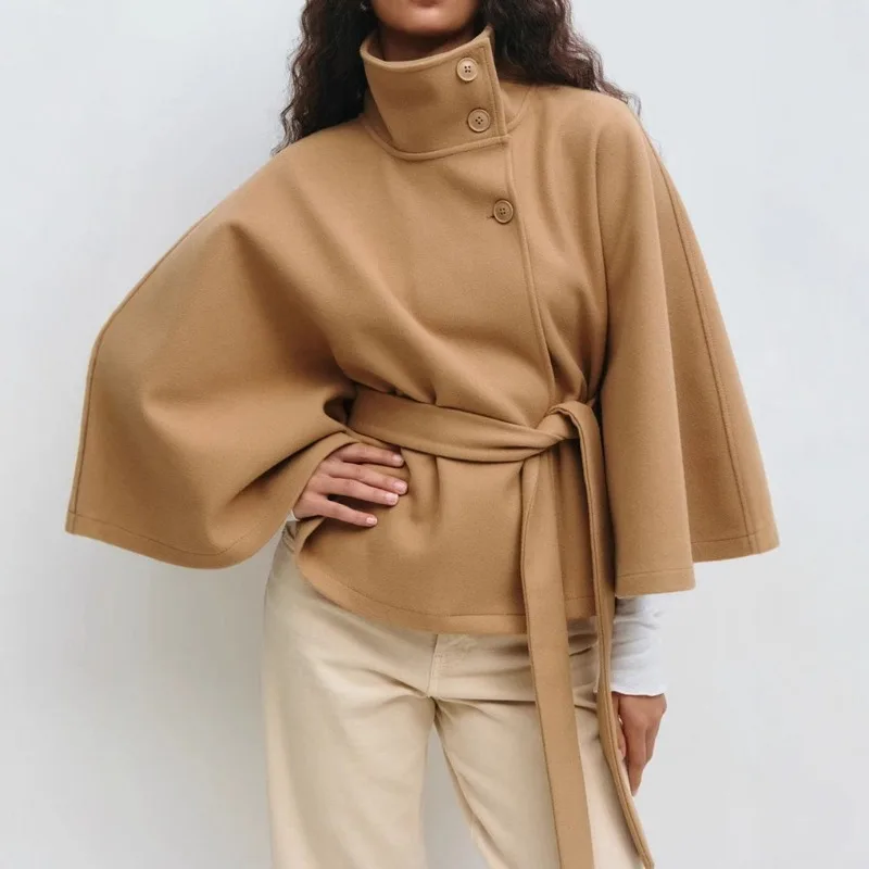 2026 Casual Women's Clothing Autumn Winter New Fashion Solid Color Cloak Stand Collar Button Belt Windbreaker Jacket Women Coat