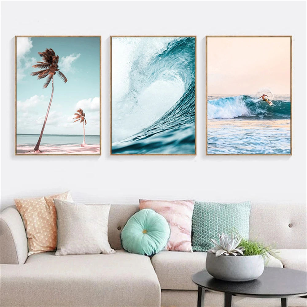 

Coastal Canvas Painting Seasacape Sunset Poster Surfing Wall Art Ocean Waves Print Coconut Tree Wall Pictures Living Room Decor