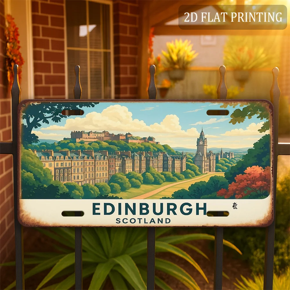Edinburgh Scotland Historic Castle Cityscape Greenery Landscape 2D Flat Printed License Plate Aluminum Metal Painting High Defin