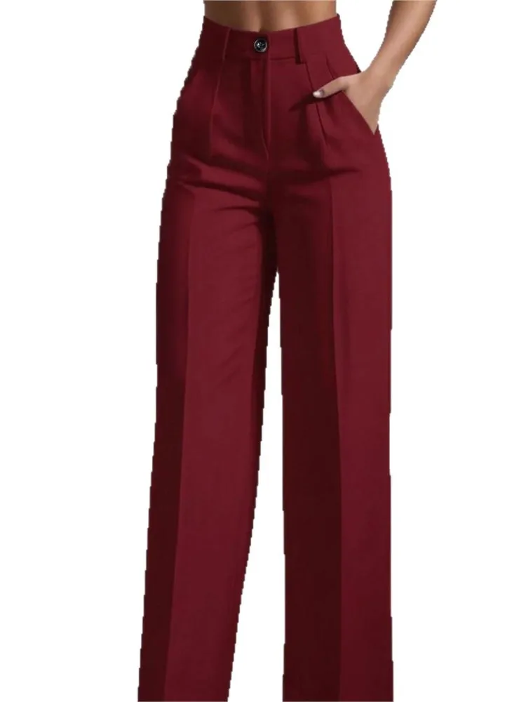 الخريف عطلة حزب بانت طويل أزياء الصلبة عارضة المرأة عالية الخصر مطوي فضفاض السراويل العمل السراويل السراويل الملابس النسائية