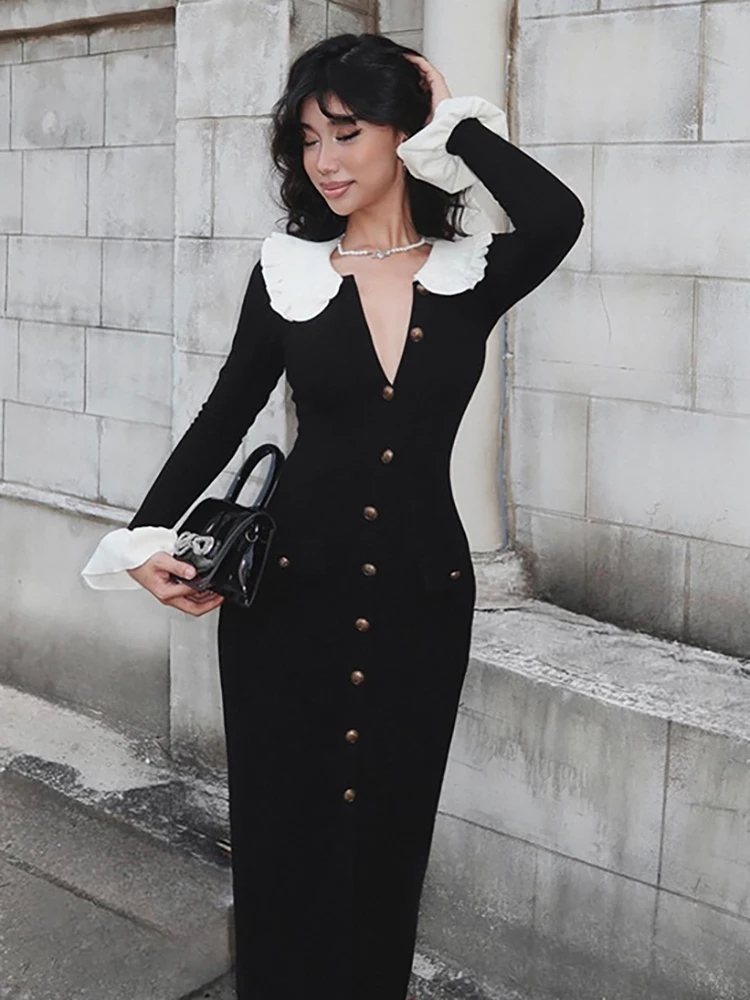 JULISSA MO Patchwork Knitted Turn-down Collar Women Maxi Dress Long Sleeve Single Breasted Dress Autumn Slim Elegant Streetwear