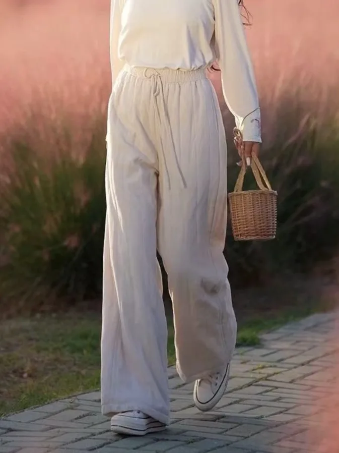 

Женские зимние легкие широкие брюки свободного кроя, универсальные, из хлопка, повседневные, с высокой талией, прямого кроя, на резинке