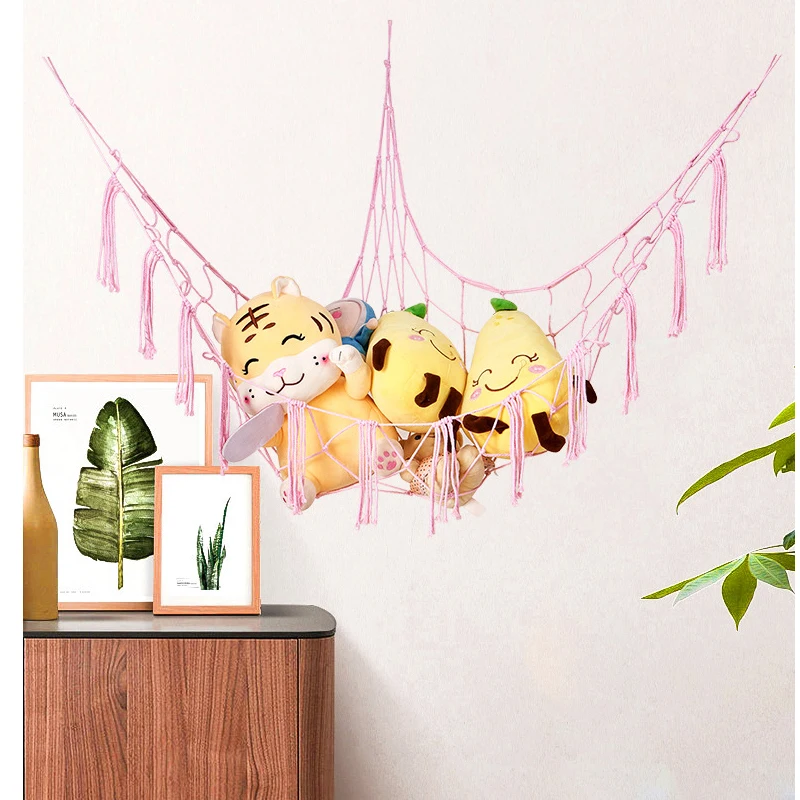 F2 Toy Storage Bag Hanging Hammock Boho Plush Woven Mesh Stuffed Animal Storage Holder Space Saver Wall Decor Net Living Room