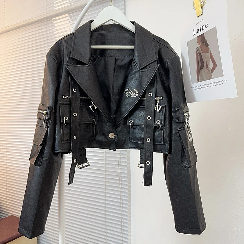 

2024 Autumn Black Short Pu Leather Women's Jacket New American Style Popular Designed High-end Advanced Niche for Women