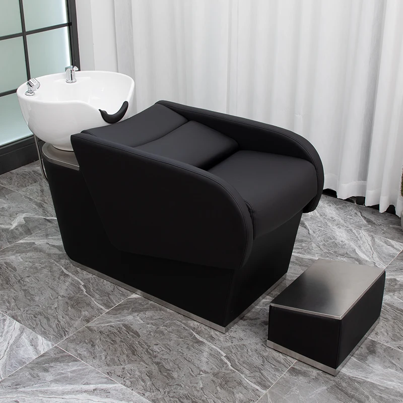 High-end barber shop special stainless steel hair flush bed simple semi-lying shampoo bed ceramic basin