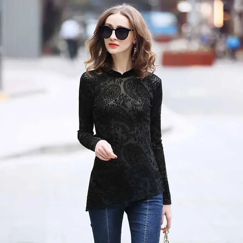 Top Cheongsam Sexy de encaje para primavera y otoño, blusa Qipao de manga larga con cuello mandarín, Tops chinos Vintage negros para mujer 10367 MN1 2024