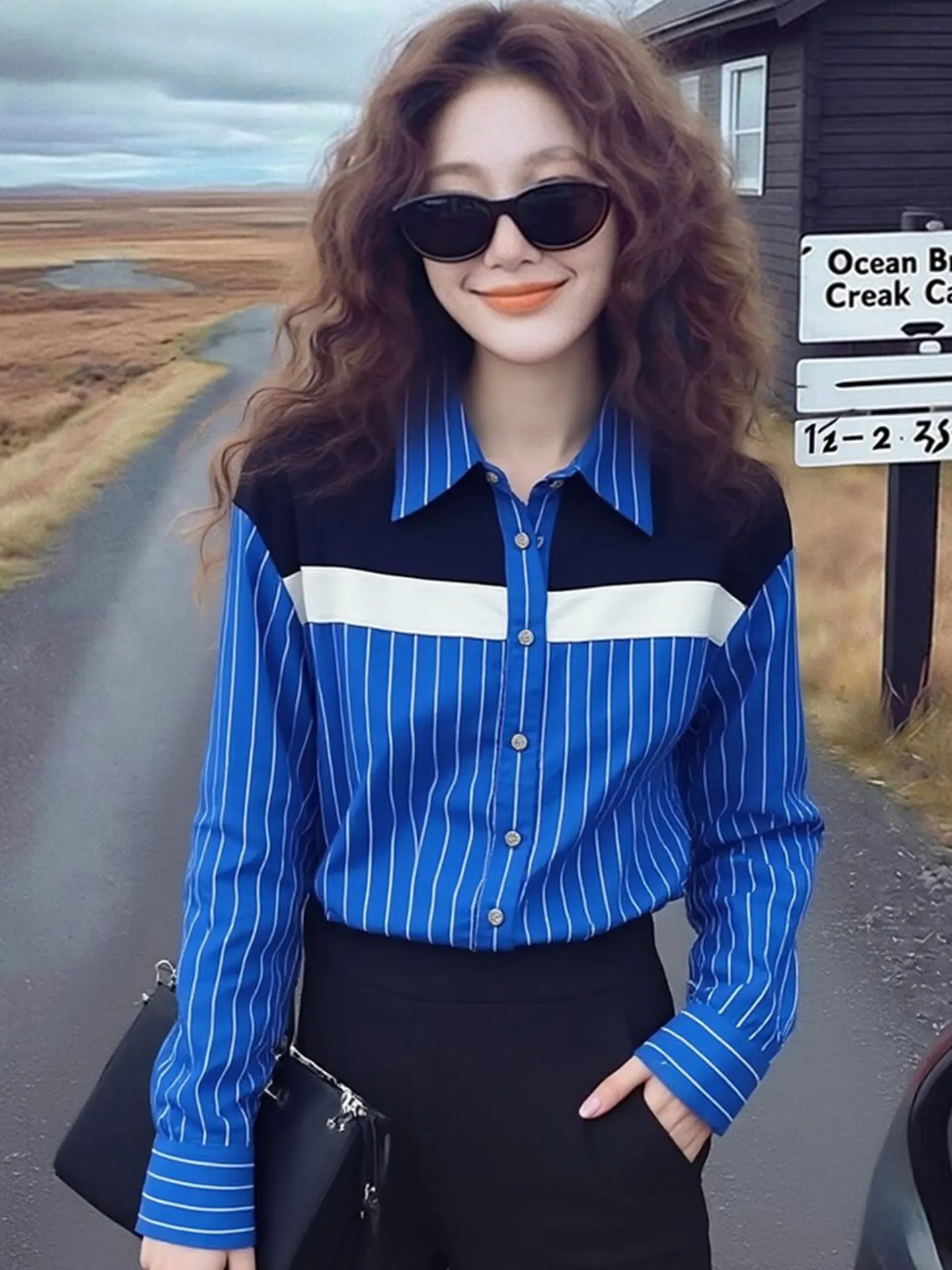 

Ele Korean Sle Women's Long Sve Ne Striped irt Faionable Spring Top High Quali European Brand Silk Mate...