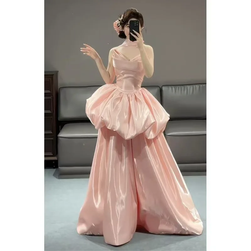 

French Strapless Evening Dress 2026 New Style Birthday Party Bride Engagement Wedding Toast Dress Pink Strapless Long Dress
