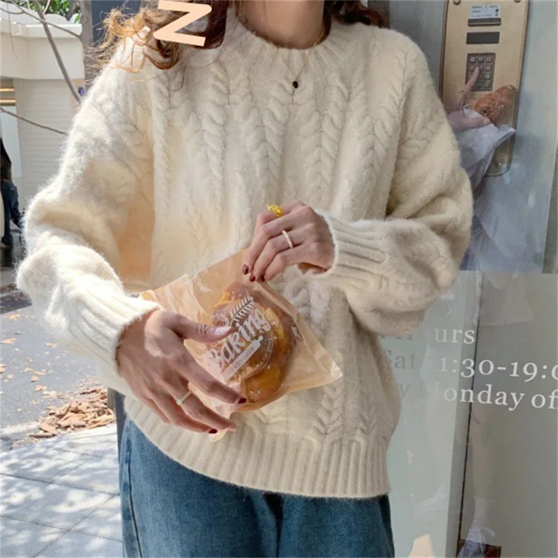 Fried Dough Twists Sweater Women's Crew Neck Autumn/Winter 2023 New Style Gentle Soft Waxy Lazy Style Pullover Knit