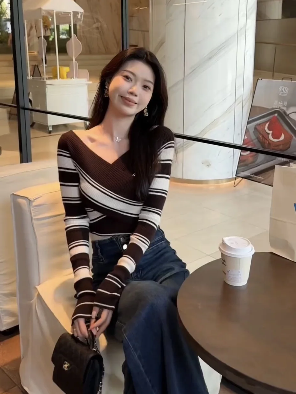 

Корейский Sle Long Sve V-Ne полосатый трикотаж с перекрестной талией, осенне-зимний универсальный базовый женский топ