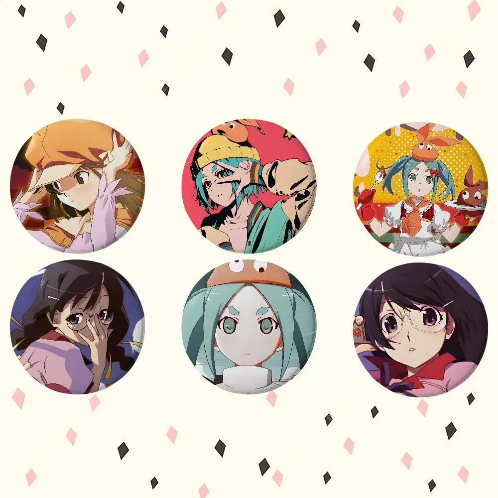 Anime Monogatari Series Premium Tinplate Round Lapel Pins: Cute Badge Brooches For Shoulder Bag Accessories, Souvenir Gifts