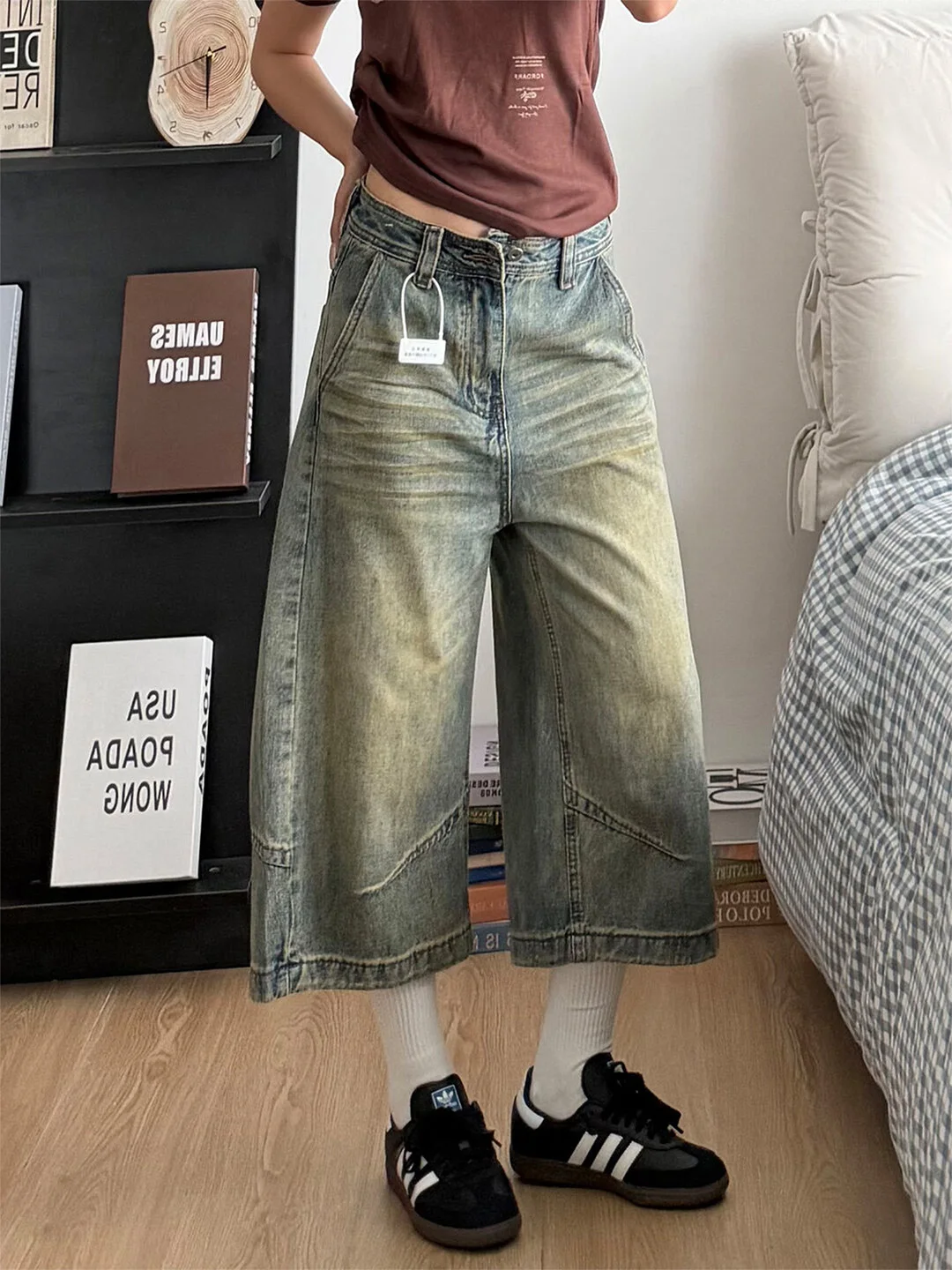 

High Waist American Style Vintage Blue Jeans Shorts Women's Summer New Thin Narrow Wide Leg Pants High Street Fashion
